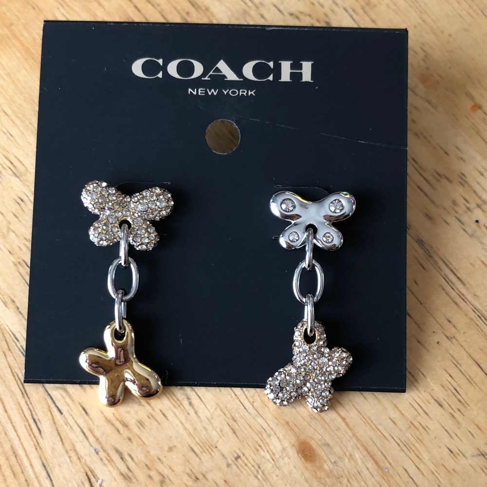 Coach Two-Tone Double Butterfly Drop Earrings Pave Crystal Accents NWT - Picture 3 of 12